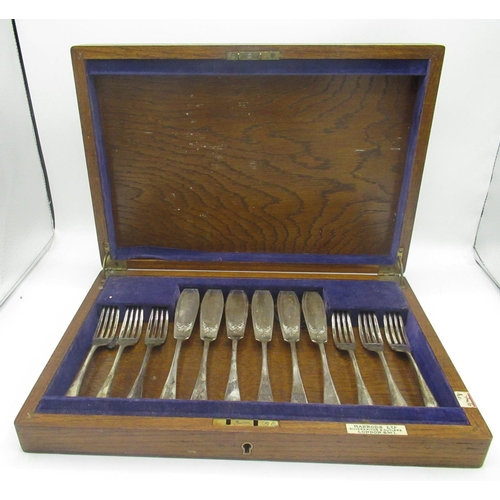 1057 - Set of six, Geo.V hallmarked silver fish knives & forks, with engraved detail, by Harrods Ltd. Sheff... 