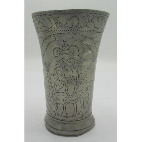 1111 - Pewter beaker, tapering body wrigglework decorated with portraits of William & Mary, in scroll borde... 