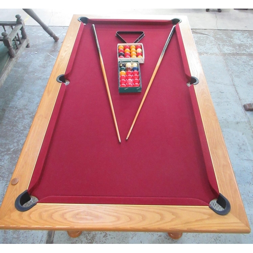 1293 - Withdrawn - Oak framed Billiards table, red baize covered slate top on four turned legs with adjusta... 