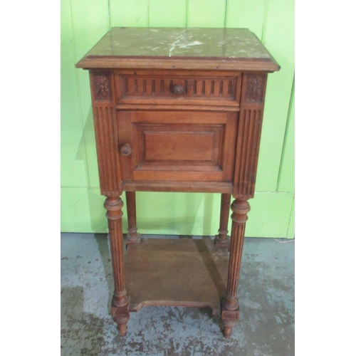 1338 - Early C20th marble top French Empire style bedside cabinet, panelled door and frieze drawer on flute... 