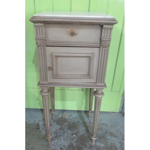 1339 - Early C20th marble top green painted French Empire style bedside cabinet, panelled door and drawer o... 