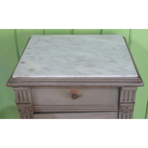 1339 - Early C20th marble top green painted French Empire style bedside cabinet, panelled door and drawer o... 