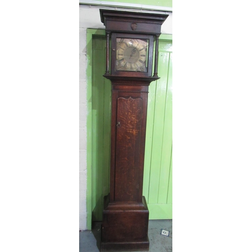 1261 - C18th oak long case clock, 9 3/4'' square brass Roman dial signed Geo. Havelock Guisborough, single ... 