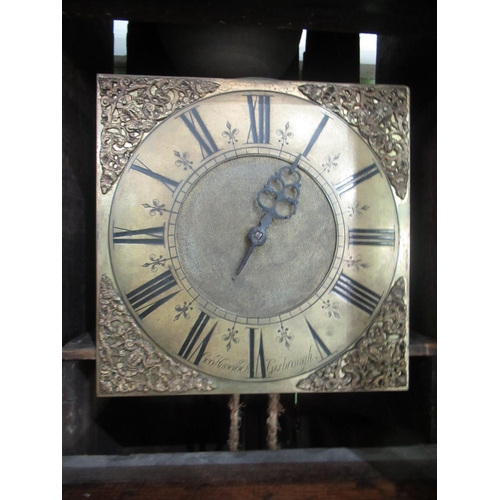 1261 - C18th oak long case clock, 9 3/4'' square brass Roman dial signed Geo. Havelock Guisborough, single ... 