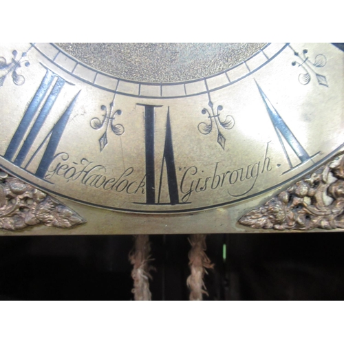 1261 - C18th oak long case clock, 9 3/4'' square brass Roman dial signed Geo. Havelock Guisborough, single ... 