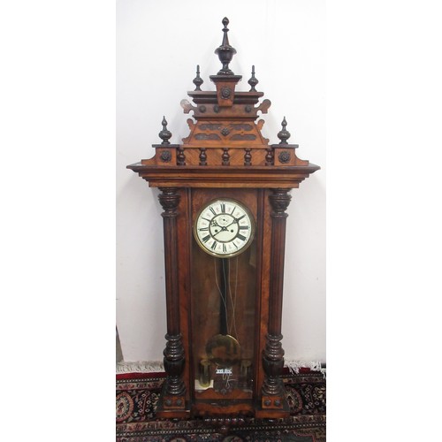 1264 - Victorian walnut cased Vienna type wall clock, pediment with urn finials, circular Roman dial with s... 