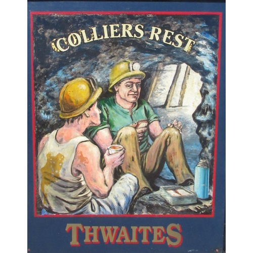 1252 - Thwaites Brewery double sided weatherproof hand painted hanging pub sign 'The Colliers Rest' oil on ... 