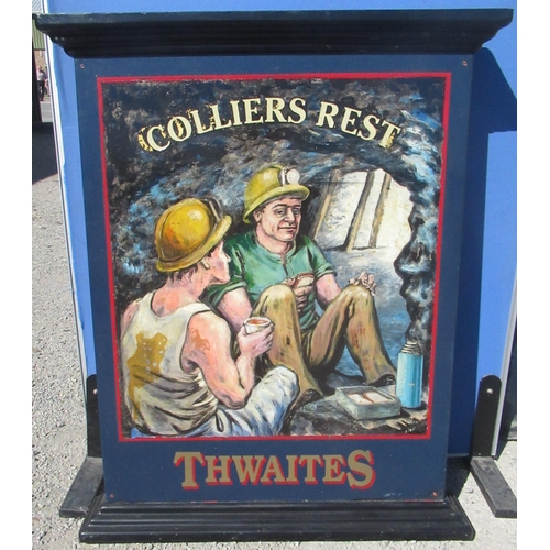 1252 - Thwaites Brewery double sided weatherproof hand painted hanging pub sign 'The Colliers Rest' oil on ... 