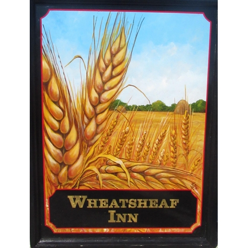 1253 - Double sided wooden framed weatherproof hand painted hanging pub sign 'Wheatsheaf Inn' oil on alumin... 