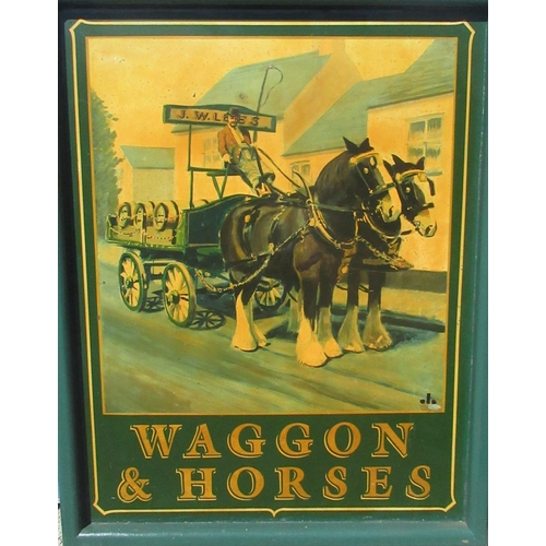 1255 - J.W Lees Brewery double sided wooden framed weatherproof hand painted hanging pub sign 'The Waggon a... 