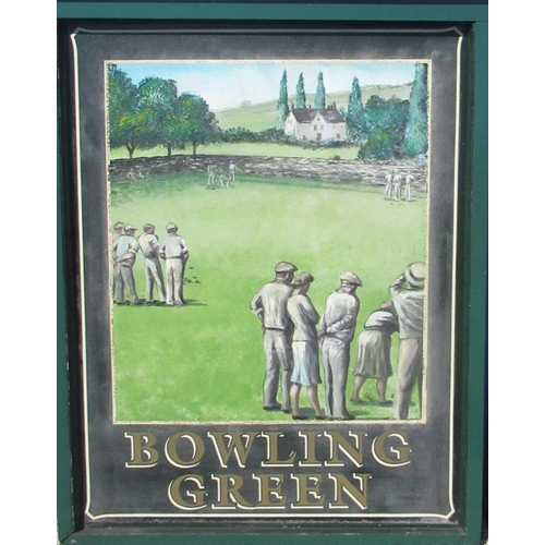 1254 - J.W Lees Brewery double sided wooden framed weatherproof hand painted hanging pub sign 'The Bowling ... 