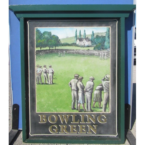 1254 - J.W Lees Brewery double sided wooden framed weatherproof hand painted hanging pub sign 'The Bowling ... 