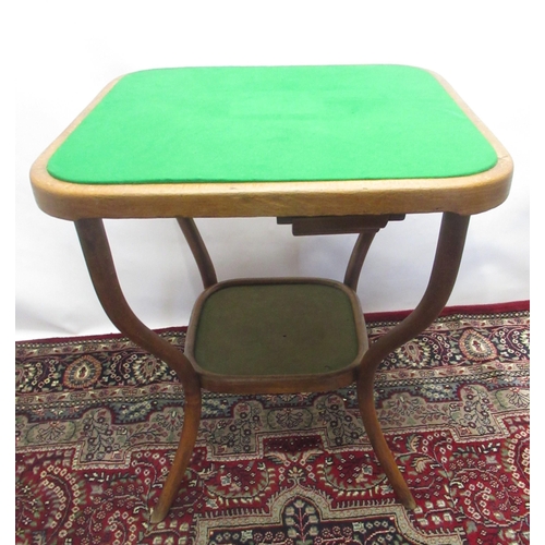 1330 - Early C20th Thonet bentwood games table, square baize inset top with four slide out drawers on shape... 