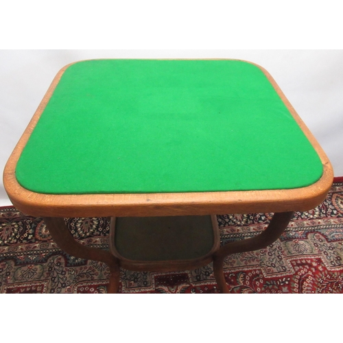 1330 - Early C20th Thonet bentwood games table, square baize inset top with four slide out drawers on shape... 