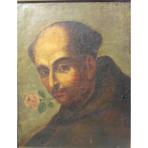 1249 - WITHDRAWN - Continental School C19th); Portrait of a man with a rose bloom in his teeth, head and sh... 