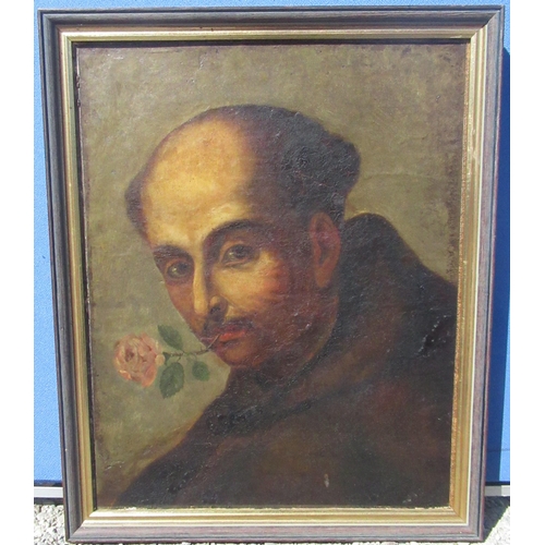 1249 - WITHDRAWN - Continental School C19th); Portrait of a man with a rose bloom in his teeth, head and sh... 