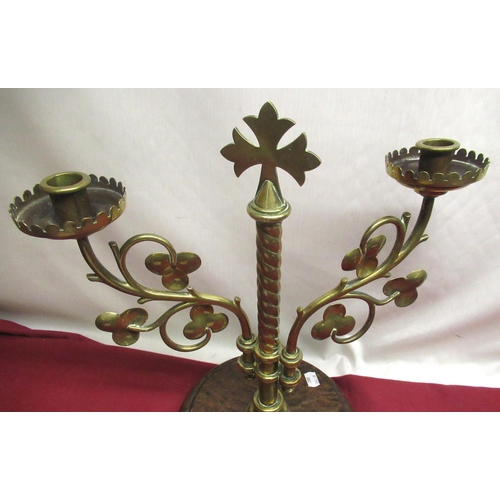 1113 - C20th brass Ecclesiastical two light candelabra, wrythen column with two clover leaf branches and Go... 