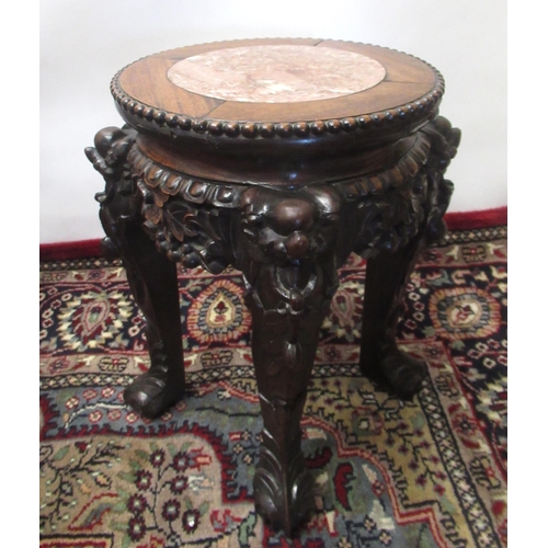 1345 - Small early C20th padouk jardiniere stand with marble inset circular top on four fruit carved suppor... 