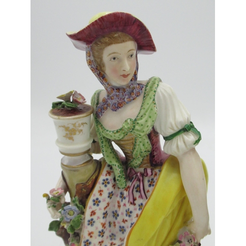 1139 - Pair of C19th Continental porcelain models of lady and gentleman gardeners, both in C18th dress with... 