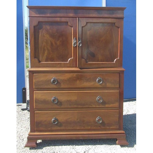 1342 - Geo.III style mahogany cupboard on chest, two curl veneer panel doors above three long drawers on sh... 