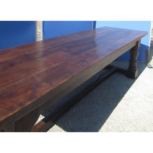 1319 - Large C17th style oak refectory table, cleated rectangular planked top on bold baluster and block su... 