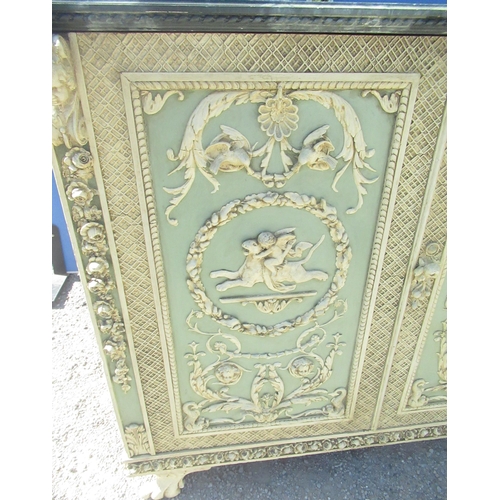 1313 - C19th Italian Revival cream and green painted cabinet, simulated marble top above two moulded cupboa... 