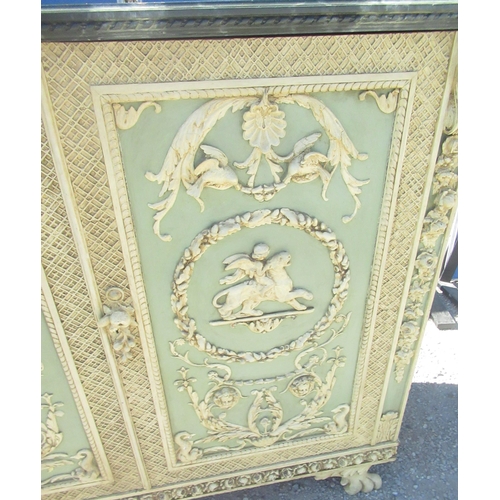 1313 - C19th Italian Revival cream and green painted cabinet, simulated marble top above two moulded cupboa... 