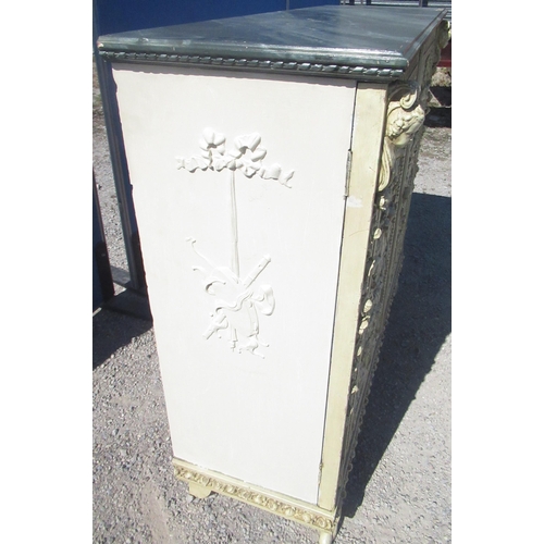 1313 - C19th Italian Revival cream and green painted cabinet, simulated marble top above two moulded cupboa... 