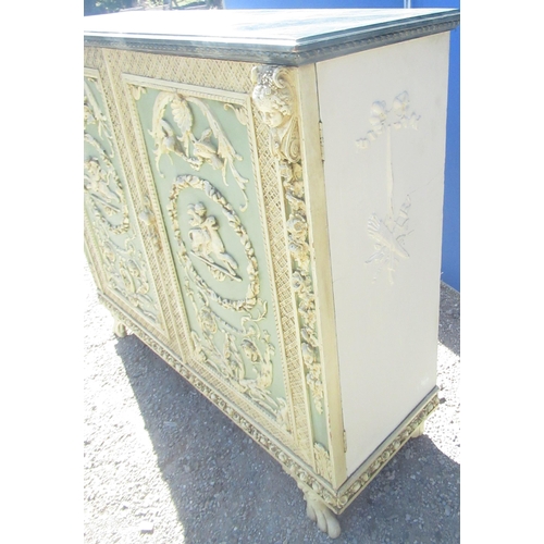 1313 - C19th Italian Revival cream and green painted cabinet, simulated marble top above two moulded cupboa... 