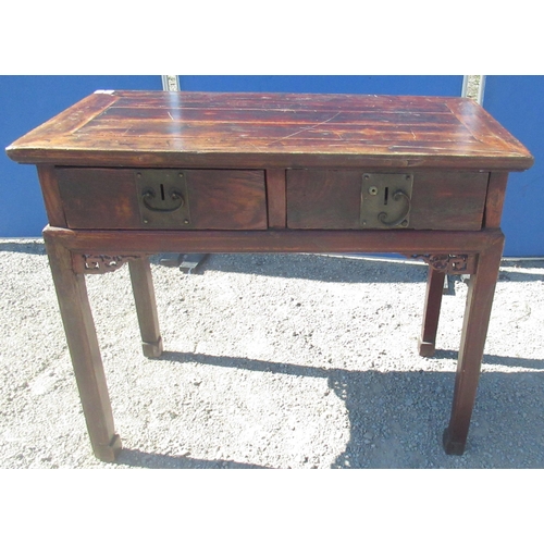 1337 - Chinese hardwood rectangular side table, plank top over two frieze drawers, square supports, W99cm, ... 