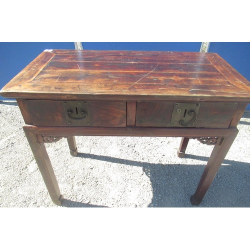 1337 - Chinese hardwood rectangular side table, plank top over two frieze drawers, square supports, W99cm, ... 