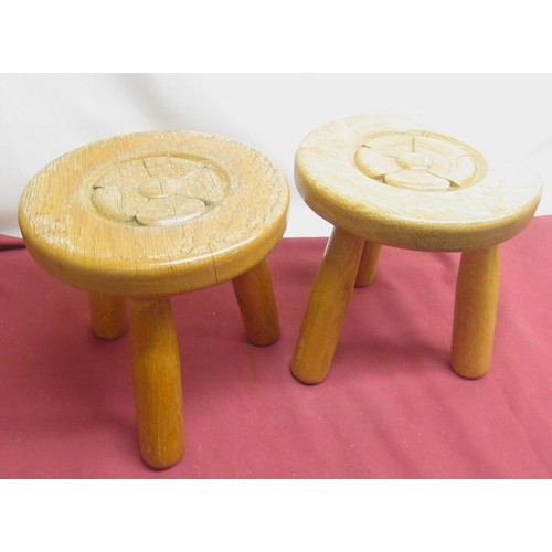 1285 - Pair of Yorkshire Oak stools, circular tops carved with a Yorkshire Rose, on three turned support, s... 