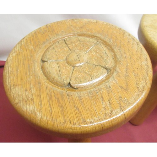 1285 - Pair of Yorkshire Oak stools, circular tops carved with a Yorkshire Rose, on three turned support, s... 