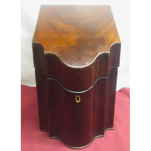 1340 - Geo.III chequer banded mahogany slope top cutlery box with fitted interior, W23cm D30cm H36cm