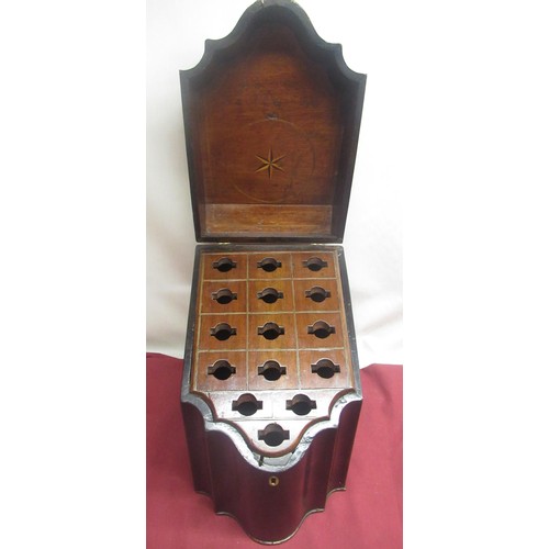 1340 - Geo.III chequer banded mahogany slope top cutlery box with fitted interior, W23cm D30cm H36cm