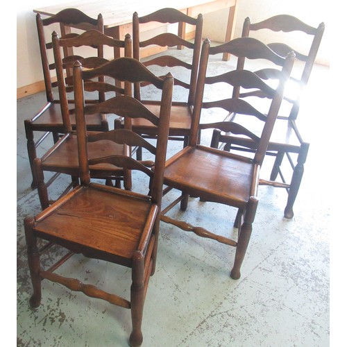 1331 - Set of six C19th Country made ash and elm dining chairs, shaped ladder backs and solid seats on turn... 