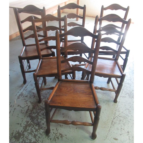 1331 - Set of six C19th Country made ash and elm dining chairs, shaped ladder backs and solid seats on turn... 