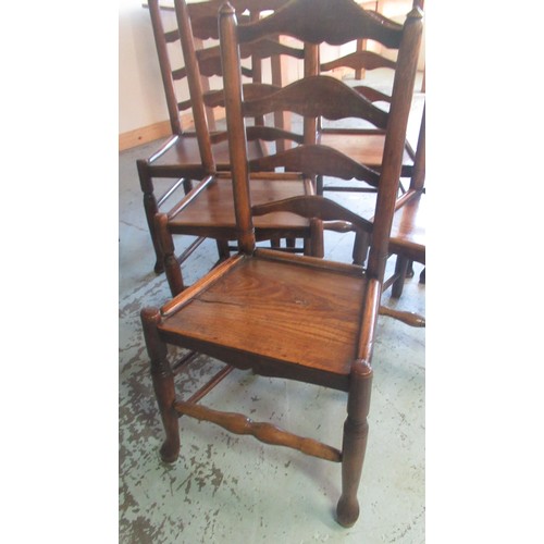 1331 - Set of six C19th Country made ash and elm dining chairs, shaped ladder backs and solid seats on turn... 