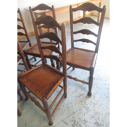 1331 - Set of six C19th Country made ash and elm dining chairs, shaped ladder backs and solid seats on turn... 