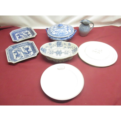 266 - Blue & white lidded tureen, tongue dish, plate from the South Cave branch of the British Womens Temp... 