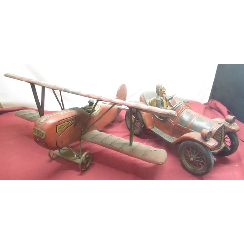 267 - Painted wood aeroplane with pilot and a painted wood car with driver