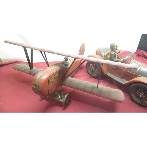 267 - Painted wood aeroplane with pilot and a painted wood car with driver