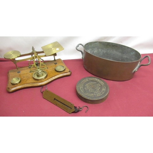 271 - Brass postal scales & weights, copper pan, S.G. & V. Co. Crosby Boston U.S.A. pressure gauge weight,... 