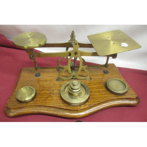 271 - Brass postal scales & weights, copper pan, S.G. & V. Co. Crosby Boston U.S.A. pressure gauge weight,... 