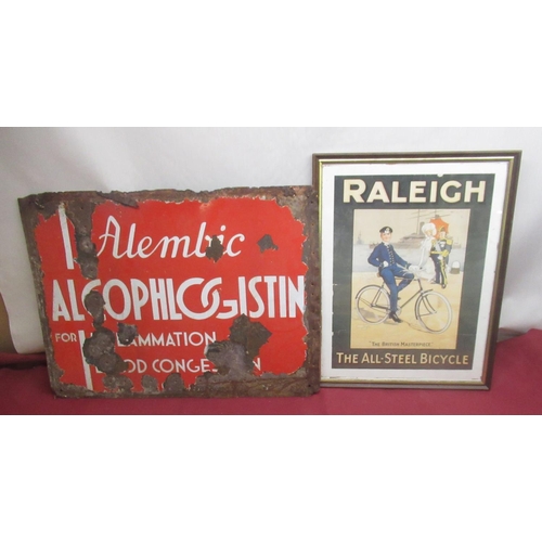 279 - Framed Raleigh All-Steel bicycle advertisement and a vintage enamel sign 