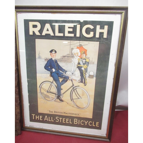 279 - Framed Raleigh All-Steel bicycle advertisement and a vintage enamel sign 