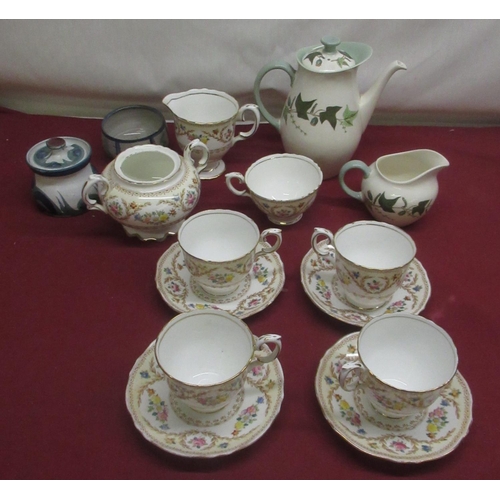 280 - Staffordshire fine bone china part tea set, Wedgwood Hereford coffee pot and milk jug, studio potter... 