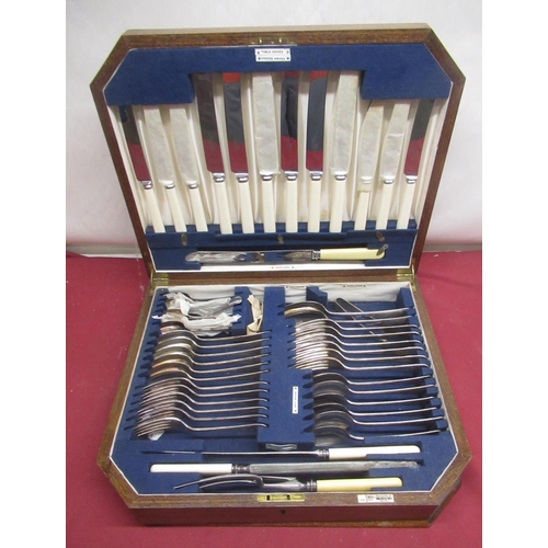 282 - Walker & Hall oak cased canteen of cutlery, knives with  white celluloid handles (6 place settings)