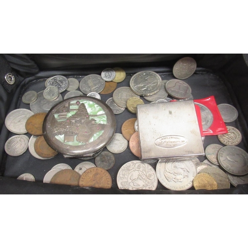 284 - Collection of mixed British and international coins and notes in a maroon case inc. a 1910 half-crow... 