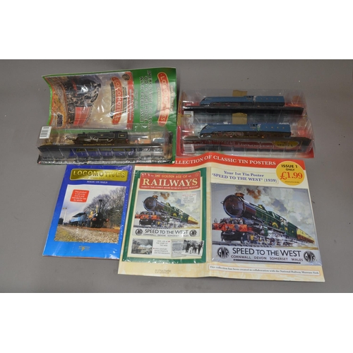 781a - Collection of magazine syndicated static train models and tin poster, 1954 Standard 4MT class No8007... 